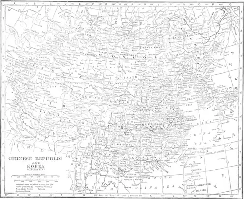 A map of East Asia (mainly focusing on China; Mongolia, Siberia, northern India, parts of SE Asia, Taiwan, the Korean Peninsula, and Japan are also visible). Taken from The Truth about China and Japan (1919), page 156 (book numbering).