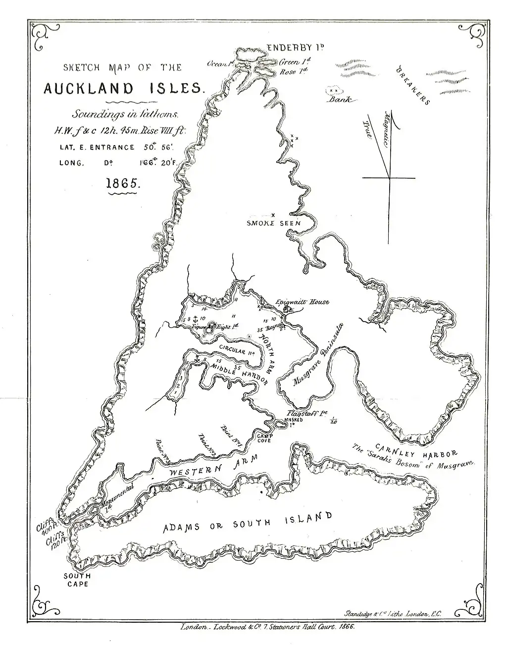 Sketch map of the Auckland Isles, 1865.