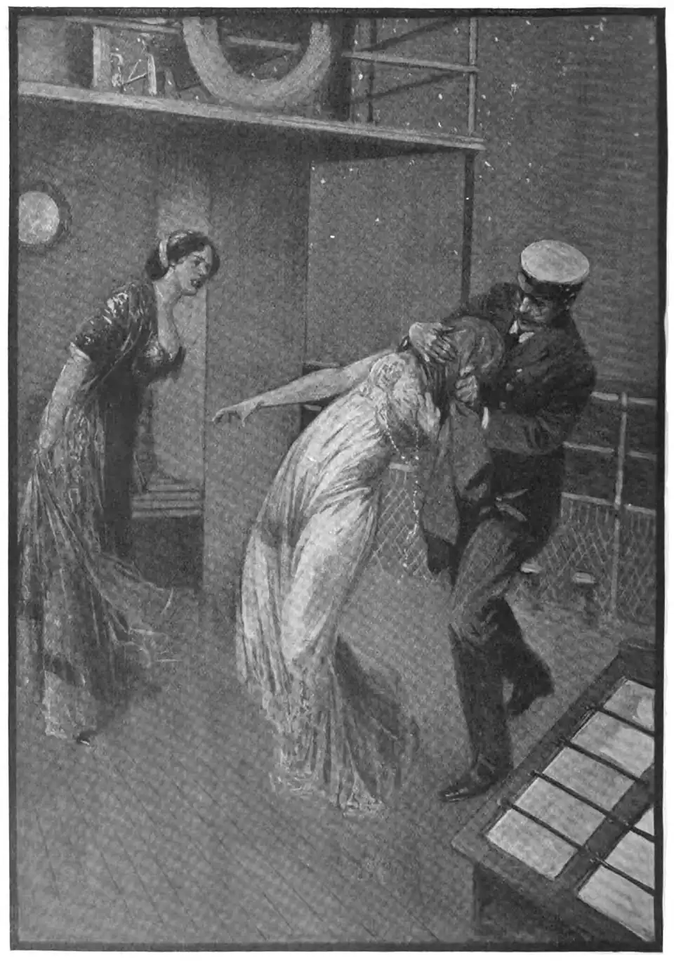 Illustration of a sailor wrapping a cloth around the head of a woman on the deck of a ship while another woman looks on closely