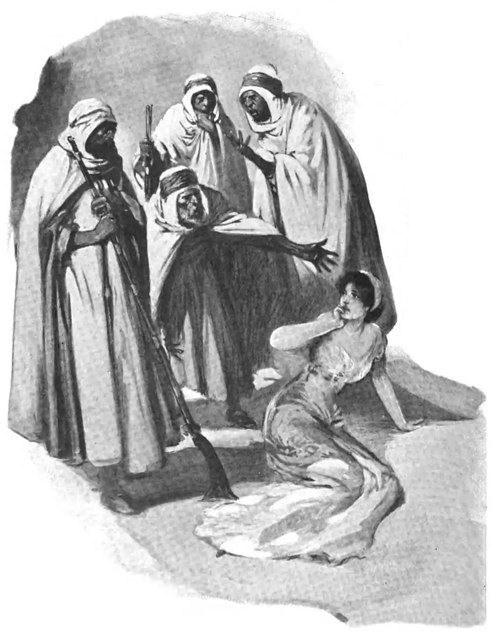 Illustration of Judith huddled fearfully on the ground as four men in thawbs remonstrate and puzzle over her