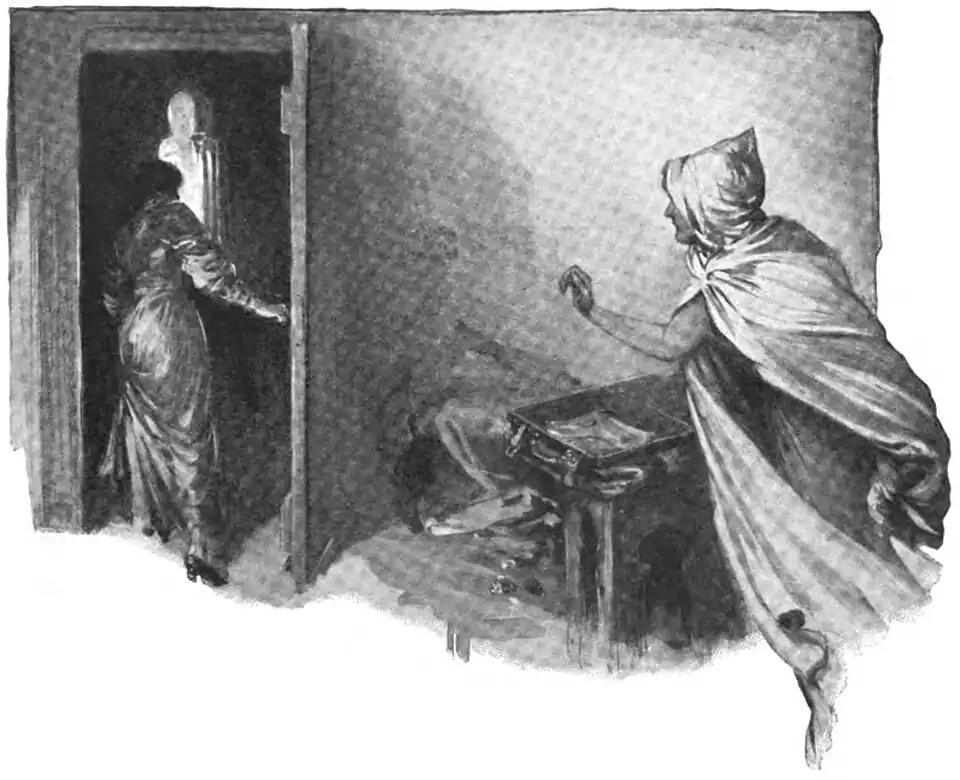 Illustration of Judith in a hooded cloak running after a woman disappearing through a doorway