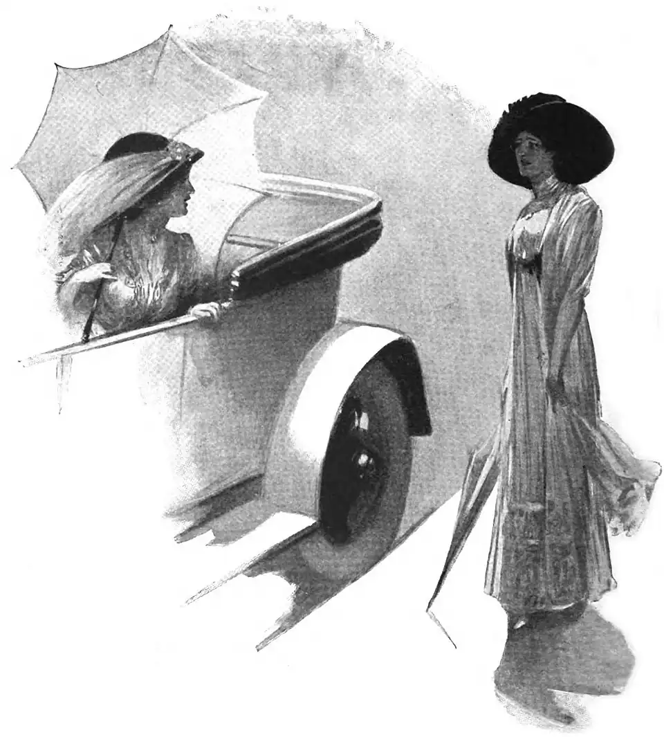 Illustration of Judith facing a woman seated in the back of an open-topped automobile