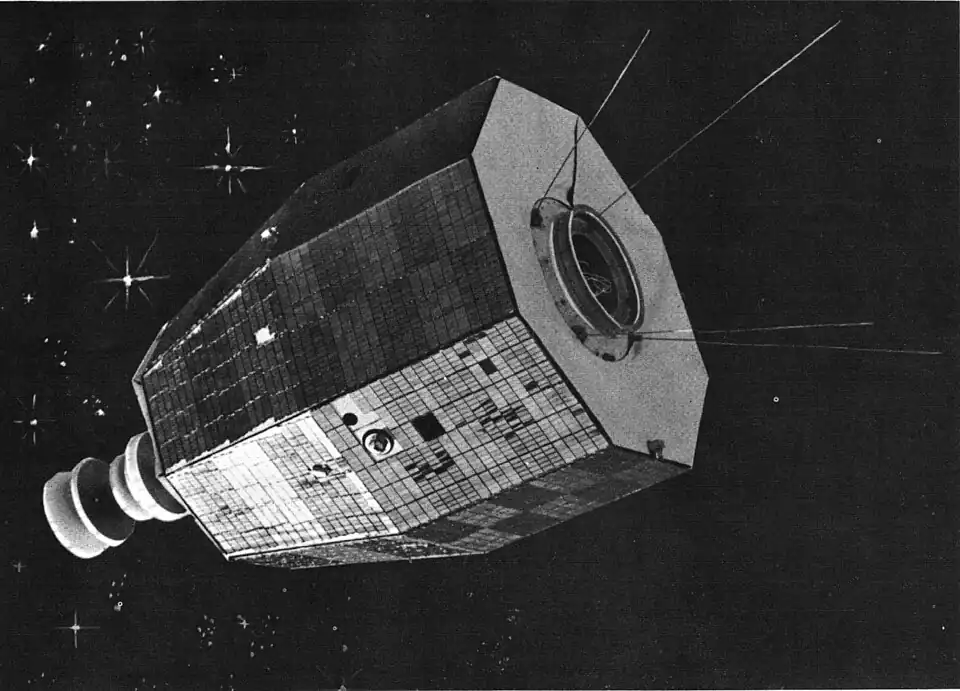 Relay satellite superimposed on artist's conception of space.