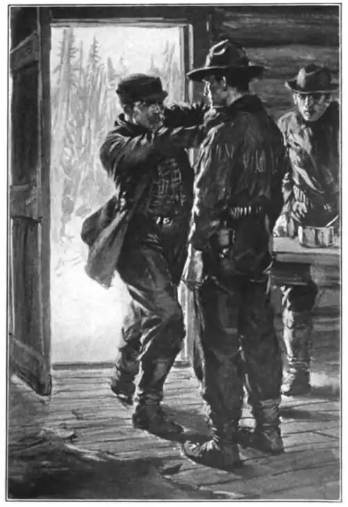 Illustration of a man entering a cabin and lunging at the throat of an unreactive man, while a third man looks on