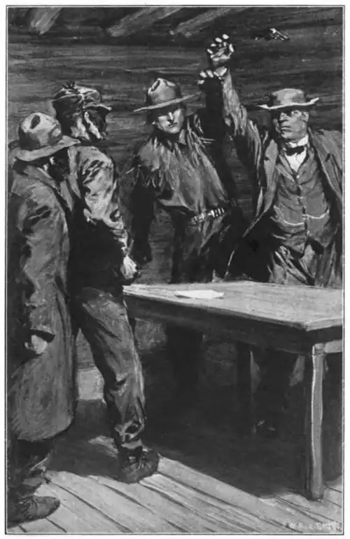 Illustration of a man hitting a revolver out of another man's hand, while they face two masked people across a table