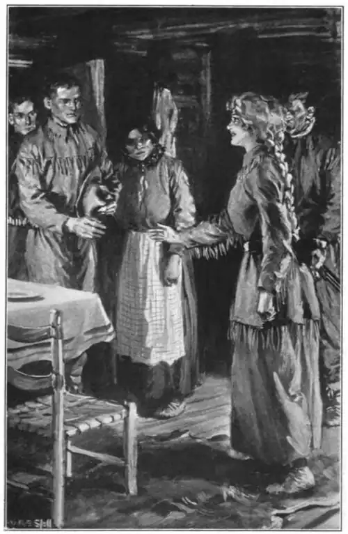 Illustration of a man and a woman in a cabin reaching to shake hands while three other people look on