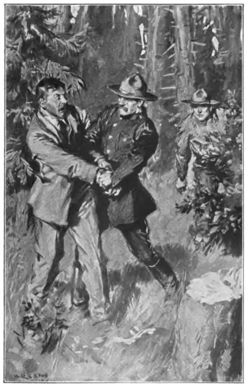 Illustration of a Mountie grabbing a surprised man's arms in a forest while Joe observes from behind a bush
