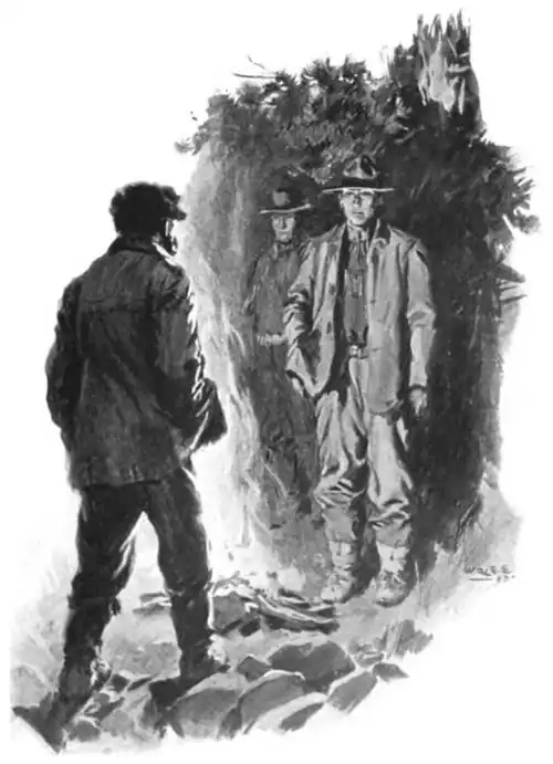 Illustration of two men with hands pointing their pockets at each other across a campfire