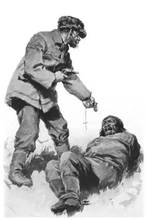 Illustration of a roughly dressed man holding a watch and a revolver toward a terrified man trussed up on the ground