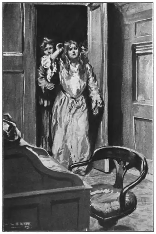 Illustration of a distraught woman and onlookers at the door of a wood paneled compartment