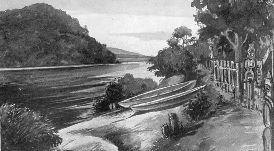 painting of a river bank with two beached canoes and a Māori stockade