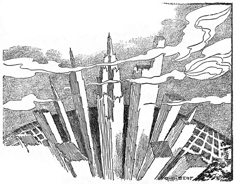 Skyscrapers rise into the clouds and toward the viewer as viewed through a fish-eye lens