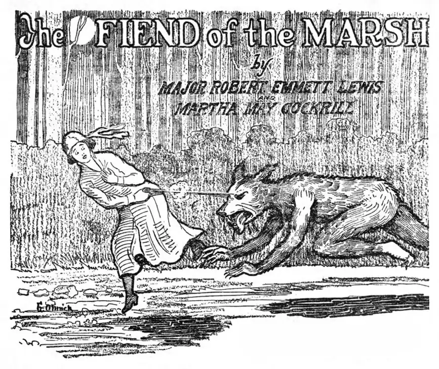 An anthropomorphic werewolf chases a flapper, as she fires a gun back at it