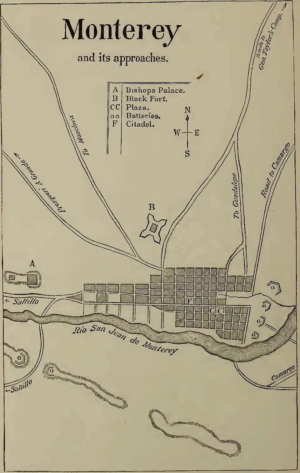 A map of Monterey, situated north of Rio San Juan de Monterey, noting several a palace in the extreme west, the Black Fort to the north, the plaza in the center of town, several batteries at the southwest and east, and the citadel in the center