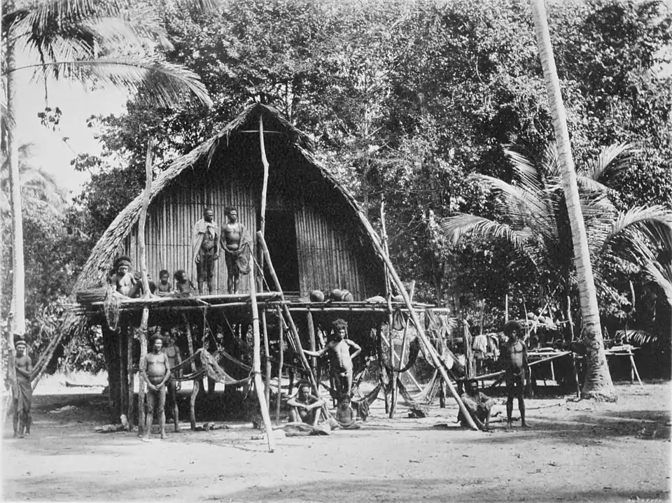 Black and white photograph a single-storey house raised on stilts. Naked tribeman stand on the ground and the, for want of a better word, verandah.