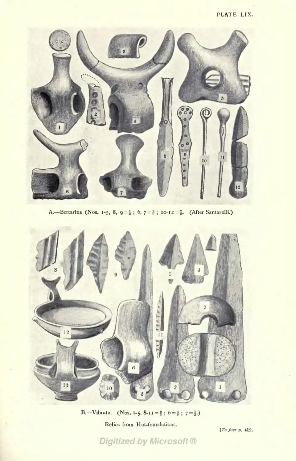 A.—Bertarina (Nos. 1-5, 8, 9 = ⅓ ; 6, 7 = 2/9; 10-12 = ⅔. (After Santarelli.) B.—Vibrata. (Nos. 1-5, 8-ll = ⅔ ; 6 = 4/9 ; 7 = ½.) Relics from Hut-foundations. [To face p. 412.
