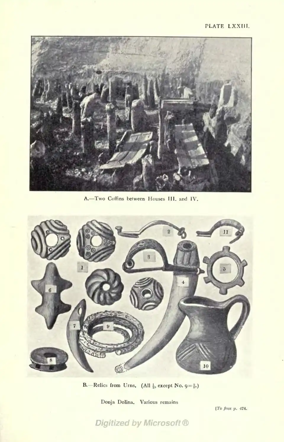 A.—Two Coffins between Houses III. and IV. B.—Relics from Urns. (All ½, except No. 9 = ⅜.) Donja Dolina. Various remains [To face p. 474.