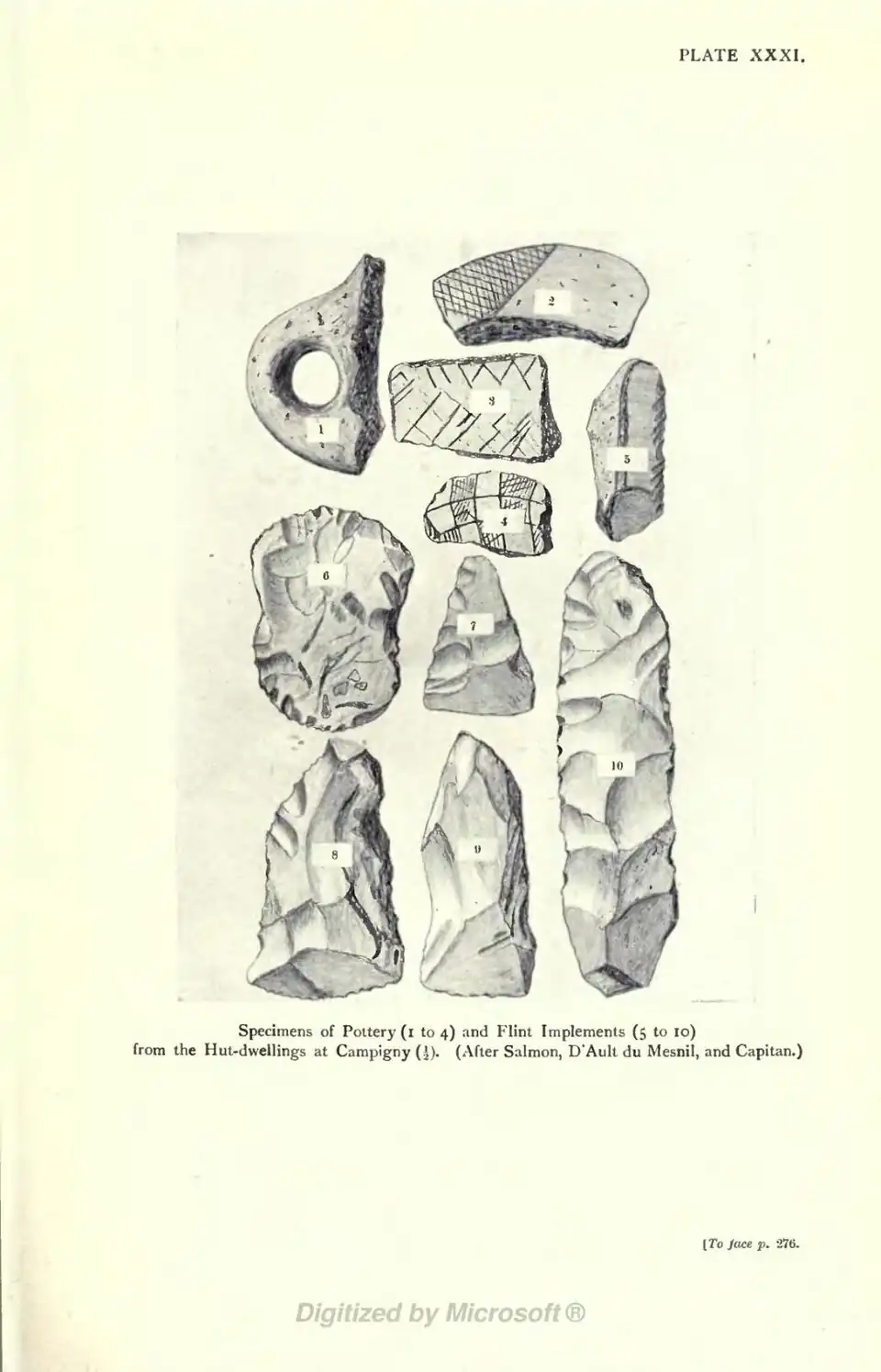 Specimens of Pottery (1 to 4) and Flint Implements (5 to 10) from the Hut-dwellings at Campigny (½). (After Salmon, D'Ault du Mesnil, and Capitan.) [To face p. 276.