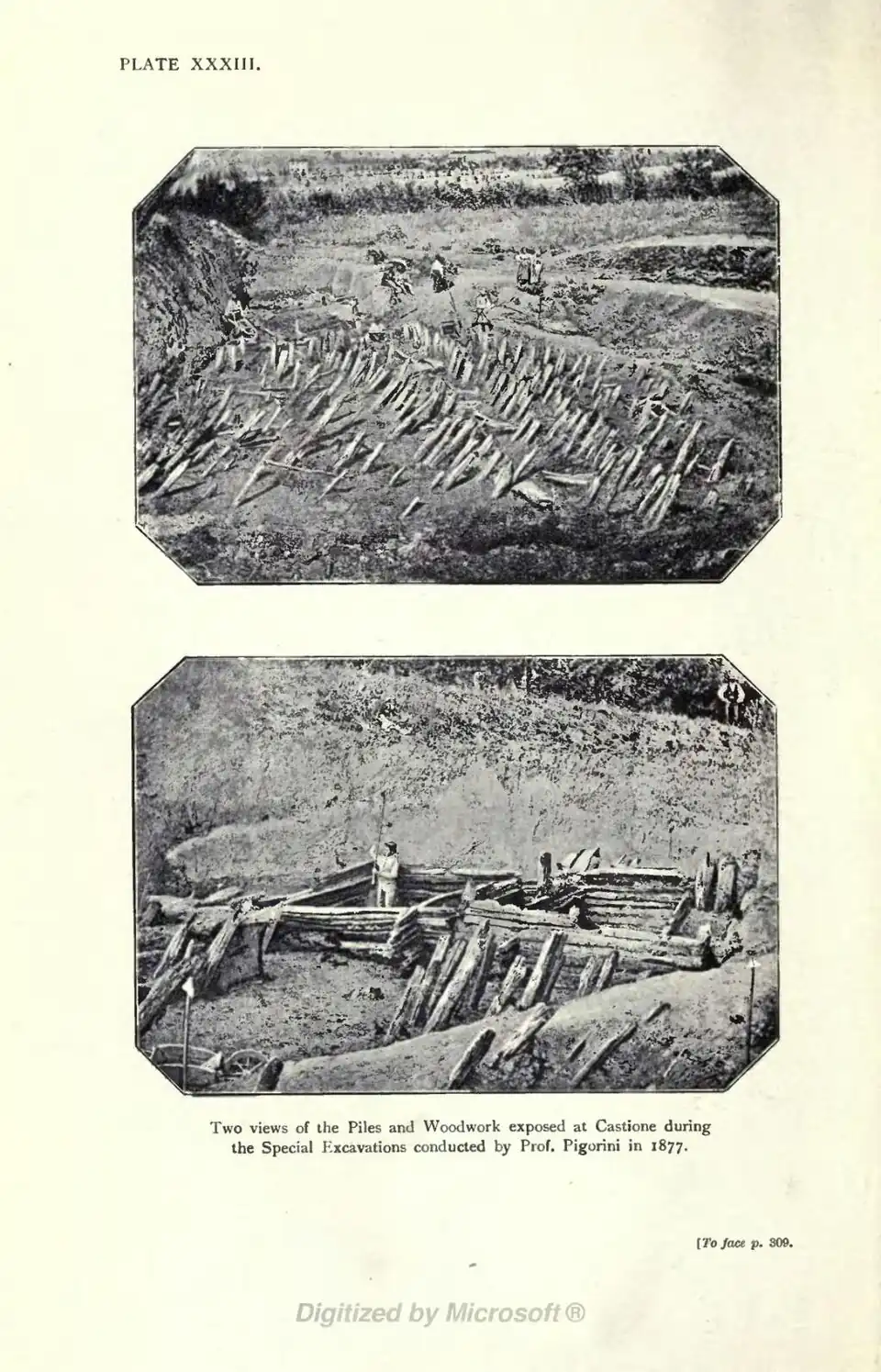 Two views of the Piles and Woodwork exposed at Castione during the Special Excavations conducted by Prof. Pigorini in 1877. [To face p. 309.
