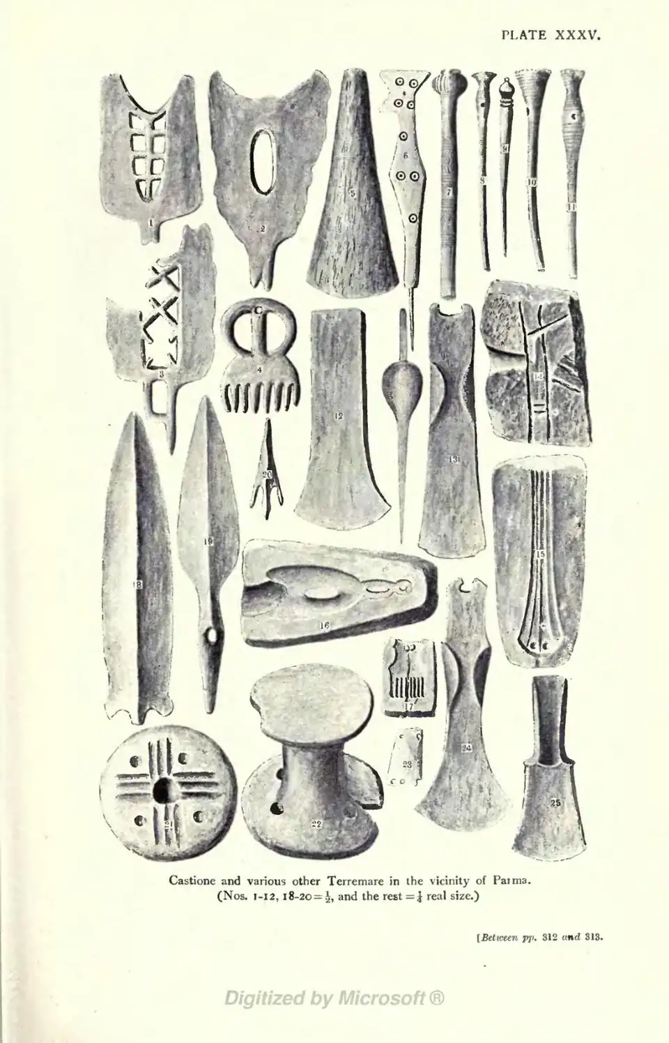 Castione and various other Terremare in the vicinity of Parma. (Nos. 1-12, 18-20 = ½, and the rest = ¼ real size.) [Between pp. 312 and 313.