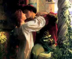 Painting of Romeo and Juliet, depicting the pair kissing as Romeo climbs through a balcony window.