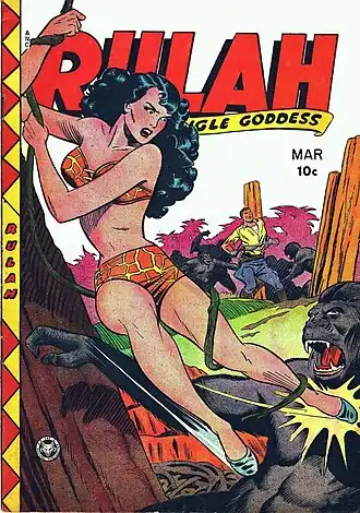 A Golden Age comic book cover showing, in the foreground, a woman in a giraffe-print bikini swinging on a vine and kicking a gorilla. In the background, a man is tied to a post, surrounded by more gorillas.