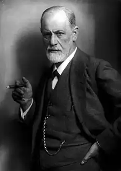 A black and white photograph of Sigmund Freud