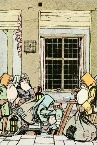 From an underground passage . . . six of the Seven Dwarfs clamber into sight