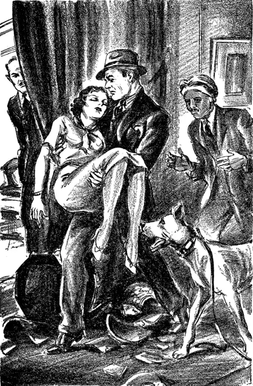 Richard Wentworth carrying Nita in his arms, surrounded by Kirkpatrick, Ram Singh and Apollo.