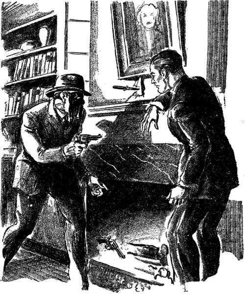 Mr. X pointing a revolver at Richard Wentworth.