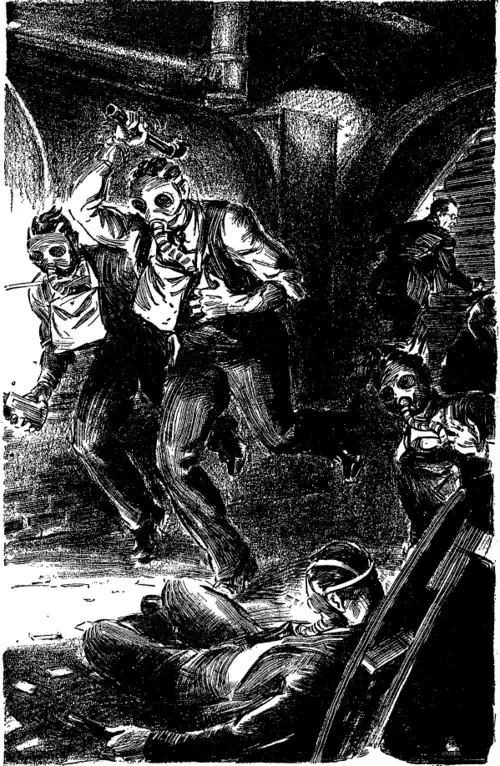 Men in gas masks rushing Wentworth with improvised weapons.