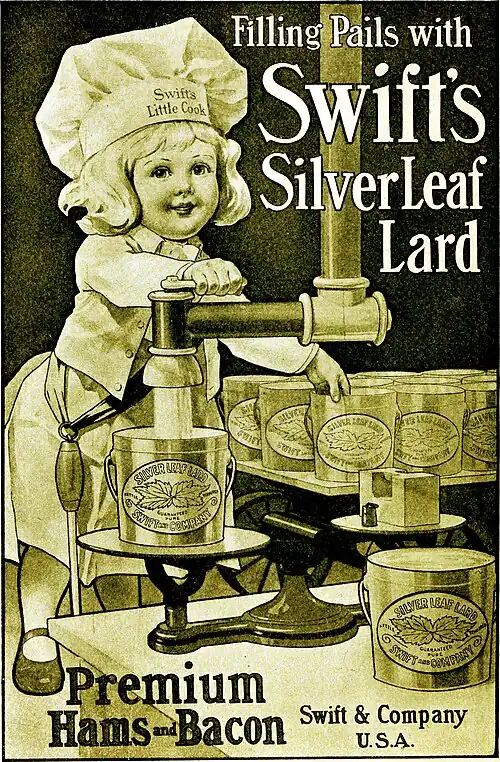 filling Pails with Swift's Silver Leaf Lard, Premium Hams and Bacon, Swift & Company, U.S.A.