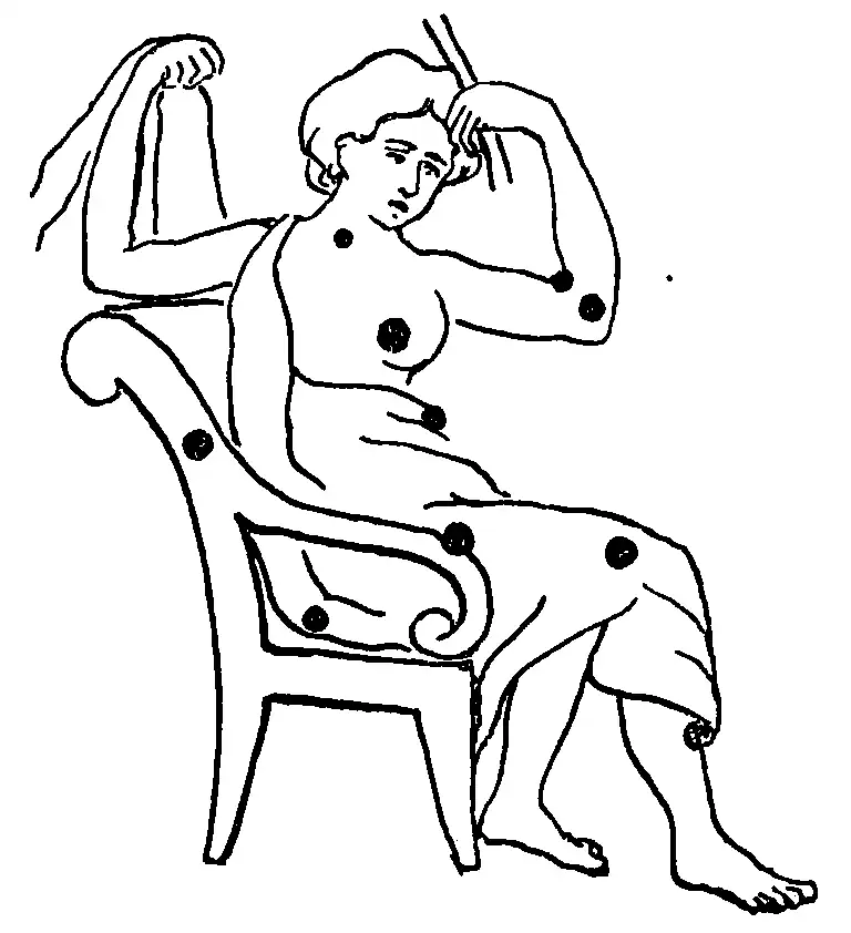 The constellation Cassiopeia pictured as a seated woman with the major stars denoted