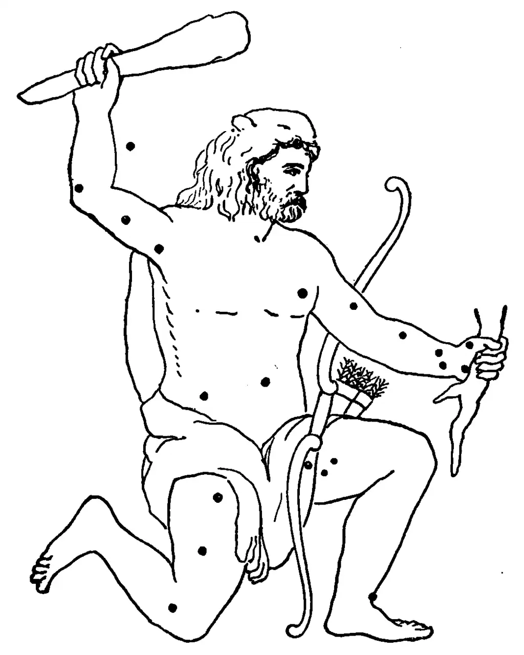 The constellation Hercules pictured as a man with the major stars denoted