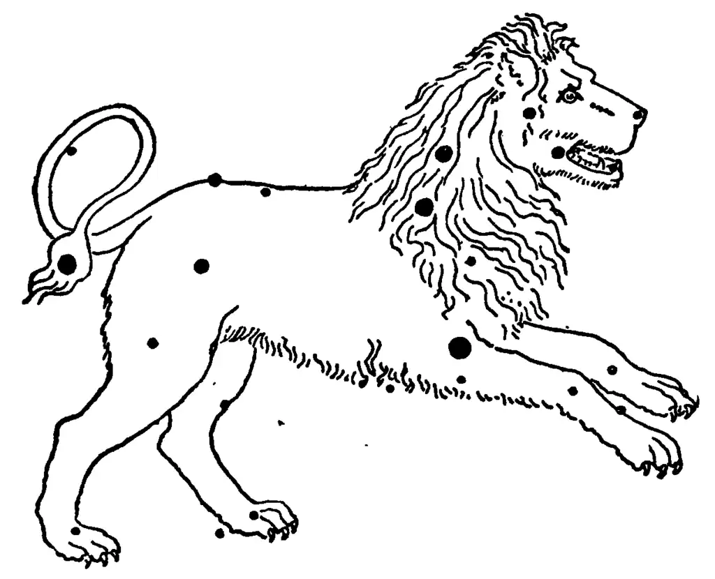 The constellation Leo pictured as a lion with the major stars denoted