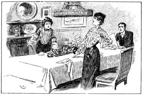 Illustration of a woman clutching her side while two other people at the same long table look at her in concern