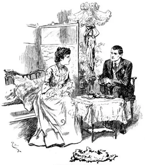 Illustration of a woman and a man seated at a small table amid rich furnishings; a small dog lying on the floor