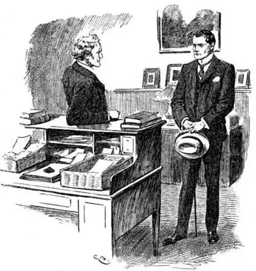 Illustration of two men speaking in an office, the older leaning casually against a desk