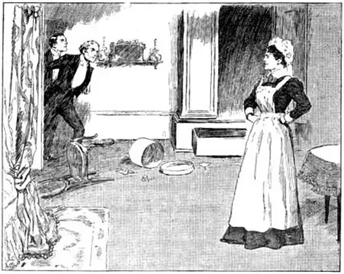 Illustration of Vandeleur and Druce entering a room with overturned furniture and Curt standing defiantly