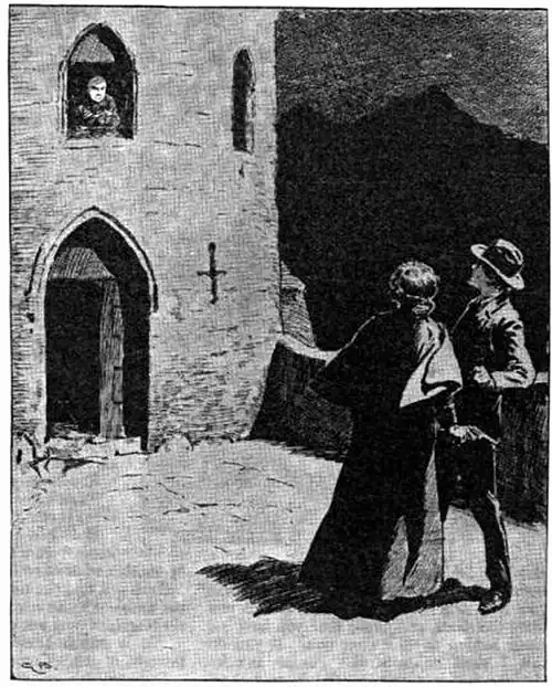 Illustration of Druce and Helen in the courtyard reacting to a figure in the window of a nearby tower