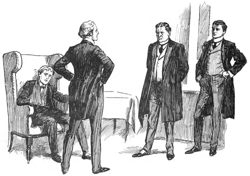 Illustration of Piozzi slumped in a chair and Vandeleur with hands on hips addressing Pollak and Druce