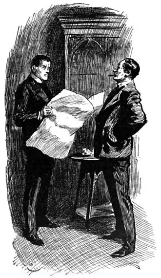 Illustration of Druce standing with a newspaper and facing a stiff-backed man with a cigarette in his mouth
