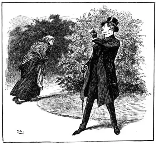 Illustration of a woman hurrying behind a bush while a gentleman in a top hot reacts