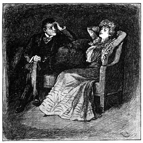 Illustration of Madame Sara leaning back in a loveseat while Druce, seated next to her, regards her