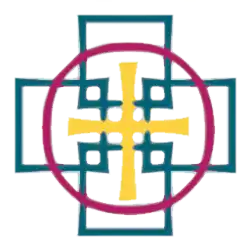 A yellow cross of equal length bars inside a red circle; both superimposed on hollow, overlapping teal squares centred on the four end points of the cross.