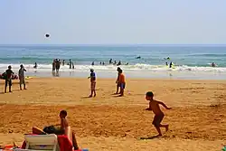 Photograph of people on a beach.