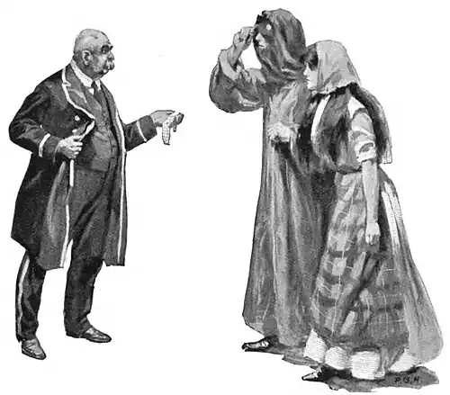 Illustration of a portly man in livery holding a necklace out to a man and woman in theatrical costumes