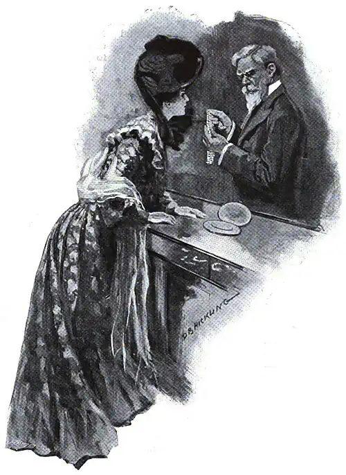 Illustration of a elaborately dressed woman leaning over a counter toward a man examining a necklace