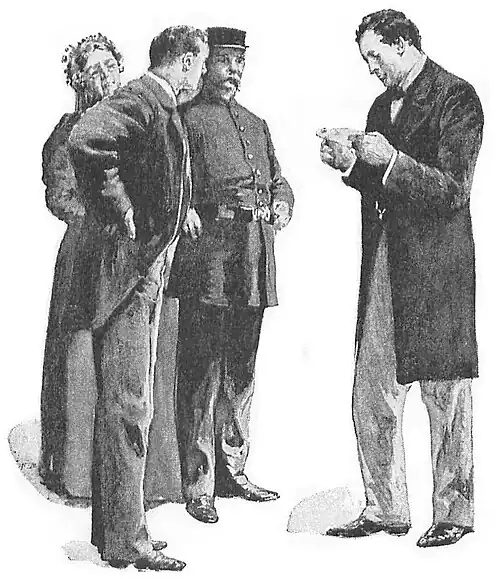 Illustration of Hewitt examining the paper while the inspector, housekeeper, and clerk look on