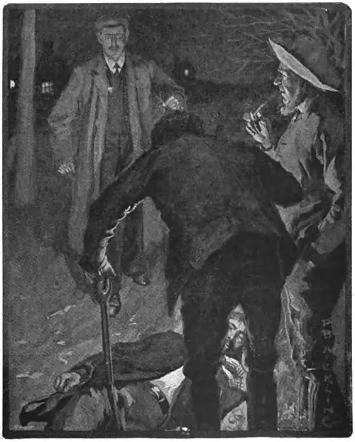 Illustration of a well-dressed man approaching two men standing over a body at night